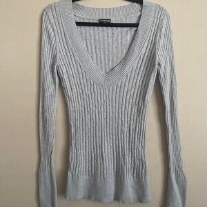 Y2K Express Cable Knit Long Sleeve Sweater Top V Neck Academia Preppy Gray M